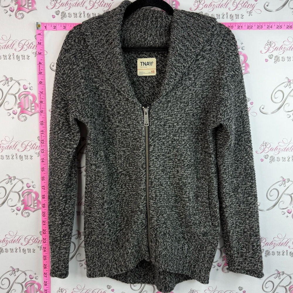 TNA wool sweater zip up vintage Y2K Gray Marled Zip-Front Shawl Collar Sweater - Picture 1 of 14
